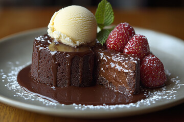 Chocolate dessert decorated with strawberries on a plate.