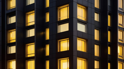 Urban Night View of Business Tower with Illuminated Yellow Windows