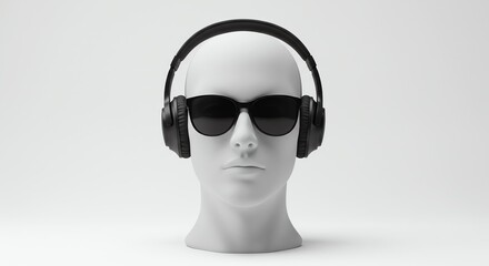 Mannequin with sunglasses and headphones on white