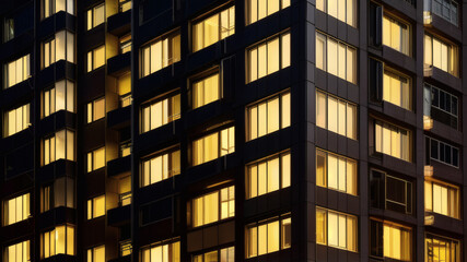 Obraz premium Urban Night View of Business Tower with Illuminated Yellow Windows