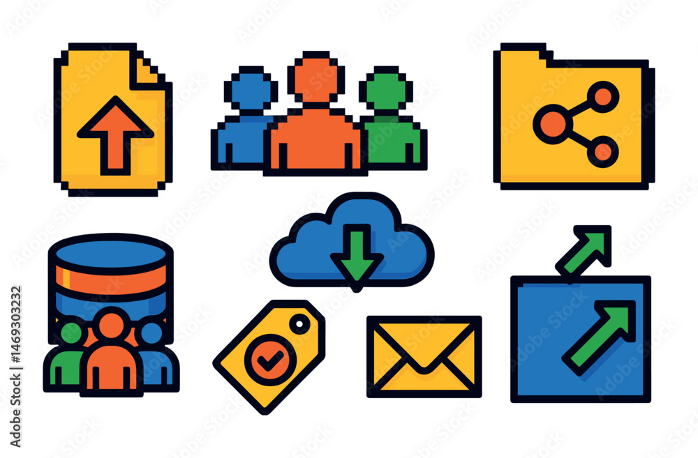 Poster data sharing and networking icons set – pixel art, upload, digital communication symbols