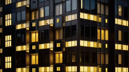 Contemporary Glass Architecture with Warm Yellow Lights in Office Windows
