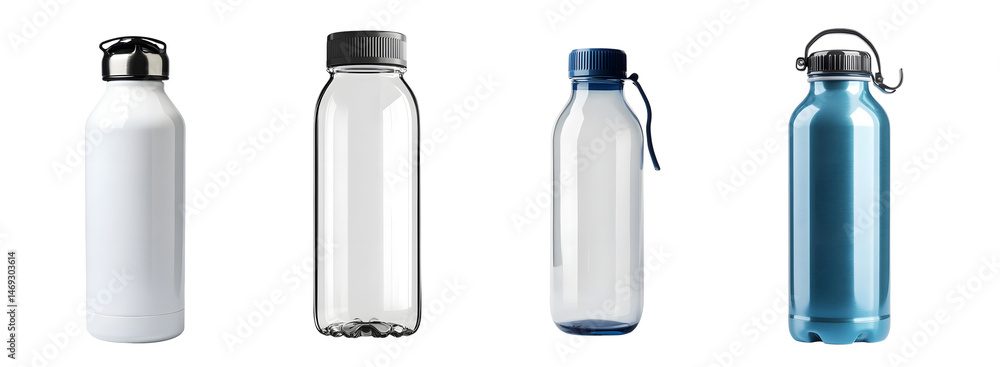 Poster set of empty plastic and metal bottles in various color and styles, isolated on transparent backgrou