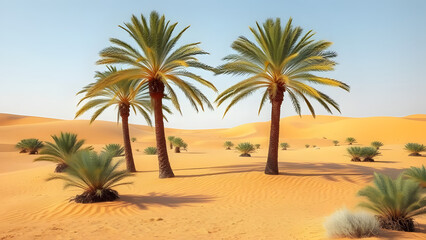 Obraz premium Golden desert landscape with tall palm trees, soft sand dunes, and clear blue sky—capturing a serene oasis scene that represents nature, travel, tranquility, and the beauty of arid environments