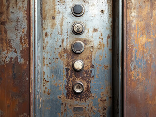 c. Elevator panel with missing floor buttons and scratched metal surface showing years of wear in an old apartment block 