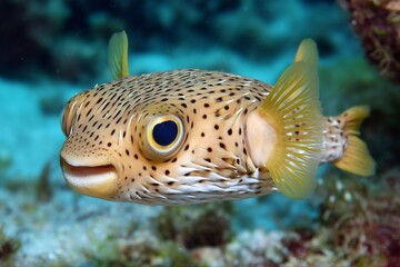 Obraz premium Porcupinefish swimming in turquoise water showing teeth