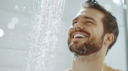 Happy man enjoying refreshing shower, water droplets cascading down his face, creating joyful atmosphere