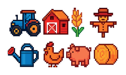 Farm and agriculture pixel art icons set &ndash; vintage, retro, farming symbols