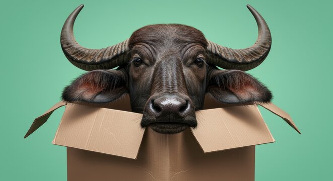 A Curious Water Buffalo Emerges from a Cardboard Box Against Green Backdrop