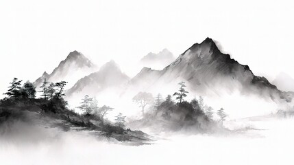 Serene Minimalist Ink Wash Mountain Landscape in Black and White
