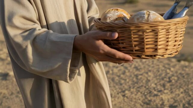 Jesus Christ holding a basket of bread and fish. Gospel story about the miracle of the multiplication of loaves. Judean desert, Christian background, banner