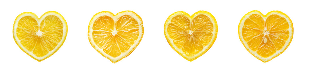 Set of heart shaped lemon slices arranged horizontally, showcasing the vibrant yellow color and texture of citrus fruit.