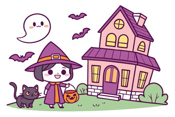 Fototapeta premium 78 cartoon, chibi style, halloween illustration, witch, black cat, pumpkin, ghost, bats, haunted house, cartoon characters, vector graphics, bright colors, digital art