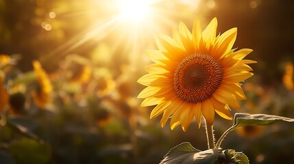 Naklejka premium Sunflower in Sunlit Field with Dewdrops, A vibrant sunflower in a sunlit field, with dewdrops and bokeh effect