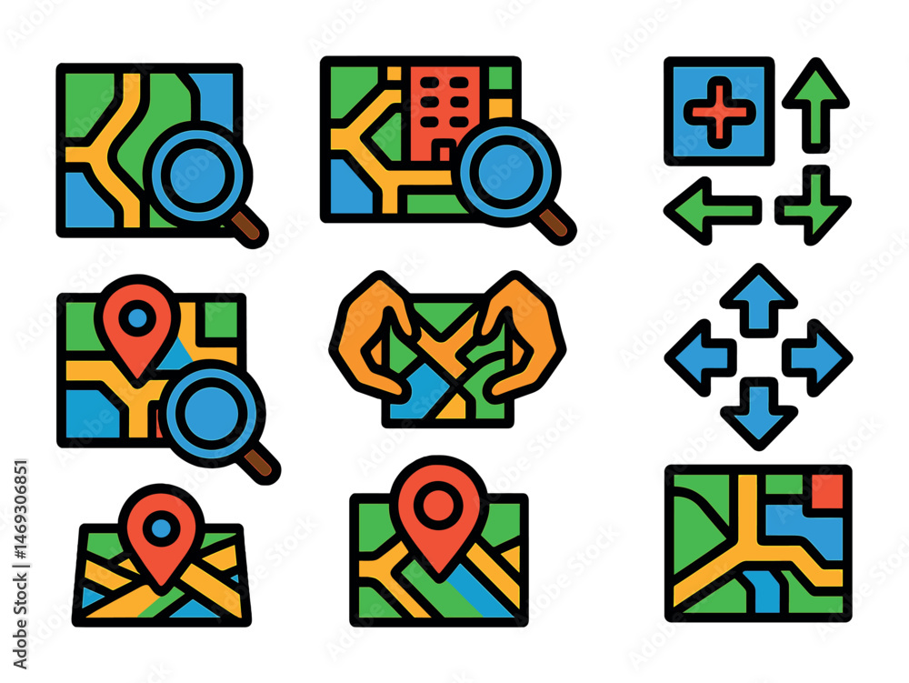 Aufkleber navigation and map icons set – filled, solid, gps and location symbols