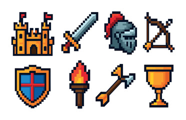 Medieval warfare icons set – pixel art, knight, castle and weapon symbols