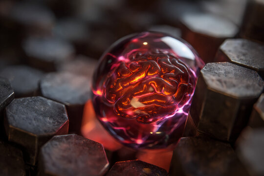 Glass sphere showcasing a brain-like structure, nestled on dark hexagonal forms.  Represents intellect, innovation, or neural networks