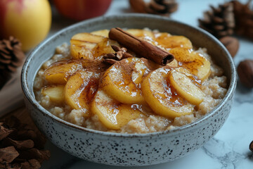 Bowl of oat topped with apples and cinnamon.