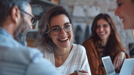 A group of diverse young professionals collaborating and smiling in a modern office setting together