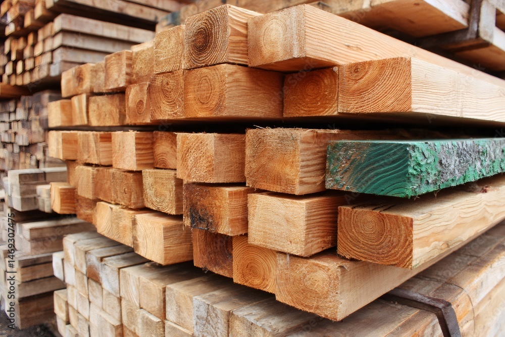 Poster stack of square logs creating a wooden background in a lumberyard