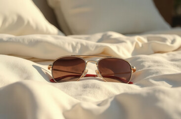 A sunglasses lying on a white bed in a hotel