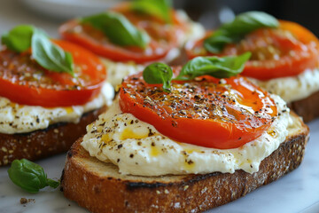 Plate of tomato and cheese-topped toast.