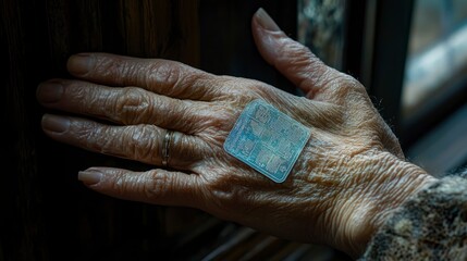 Fototapeta premium Wrinkled hand with square patch