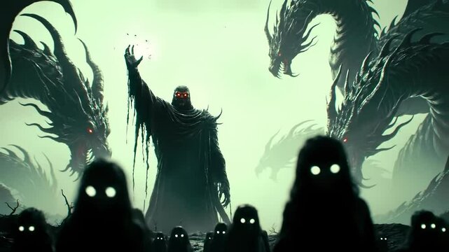 Dark Monster Summoning Shadow Army with Demonic Creatures Behind