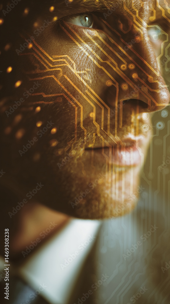 Poster Close-up of a man's eye and face, overlaid with a circuit board pattern, symbolizing technology's integration with humanity, representing artificial intelligence or human-computer interaction