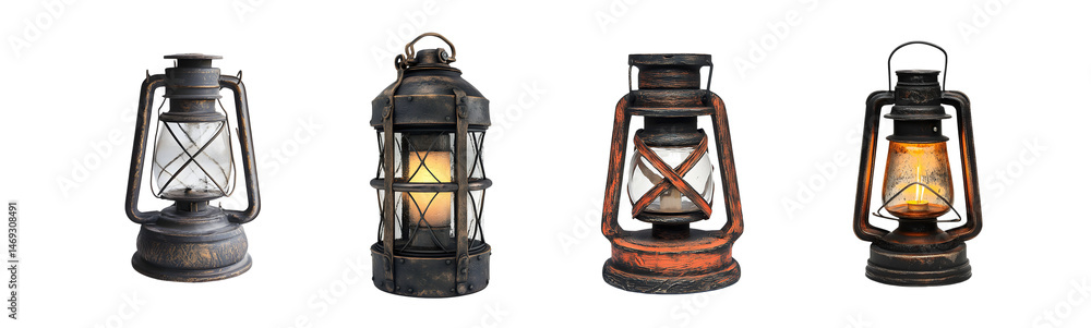 Poster set of different vintage-style kerosene lamps, in various shades of brown, gray and orange, are disp