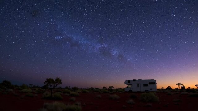 Camper van under milky way in australian outback at twilight