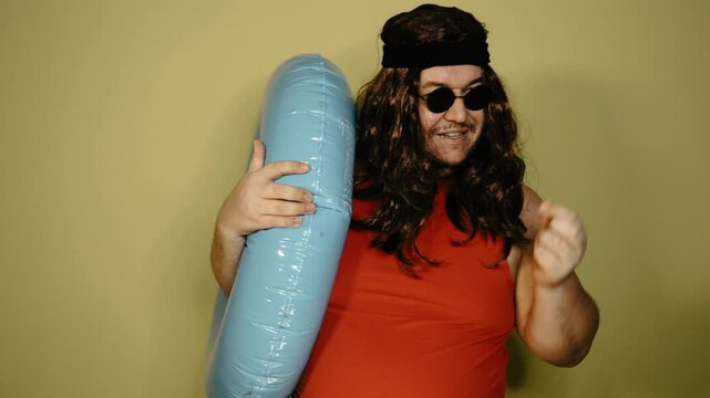 Funny fat man dreams of vacation.
