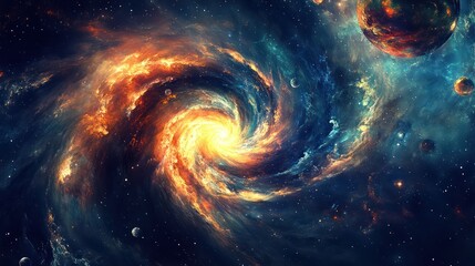 Cosmic spiral nebula, swirling galaxies, vibrant colors, celestial bodies