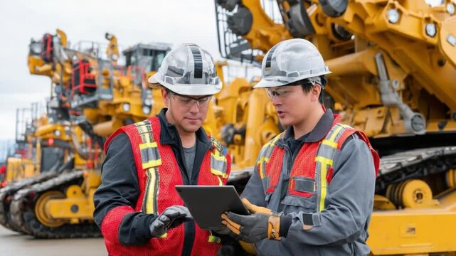 Engineering Insight: Two construction workers, engrossed in technical dialogue, analyze digital data with heavy machinery in the industrial backdrop.