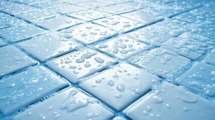 Closeup View Of Wet Light Blue Tiles With Water Droplets