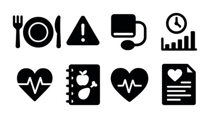 Health and wellness solid icons set – silhouette, fitness, nutrition visuals for design