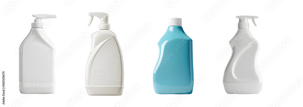 Poster set of empty plastic containers, white and light-blue, are displayed in a setting. isolated on trans