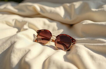 A sunglasses lying on a beige bed, close-up