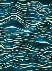 an abstract pattern of teal and off-white waves. The waves are rendered in a painterly style, with visible brushstrokes and texture. 