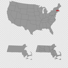 Massachusetts map set with USA location, clean outline, and full county breakdown.