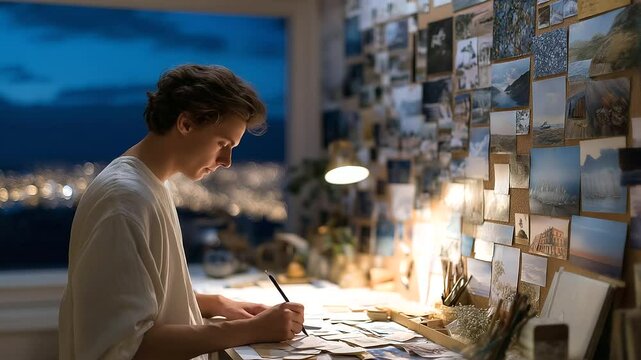 A postcard collector pinning finds to a corkboard at dusk