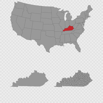Kentucky map set with USA location, clean outline, and full county breakdown.
