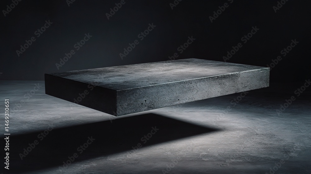 Poster floating gray concrete slab on black background in studio setting
