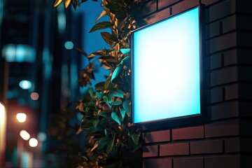 Empty illuminated sign on brick wall at night