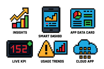 Obraz premium Data analysis pixel art icons set – analytics, technology, digital insights symbols