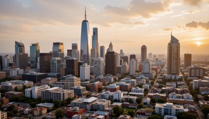 Obraz premium Dramatic Sunset Over a Modern Urban Skyline Featuring Skyscrapers and Vibrant City Life