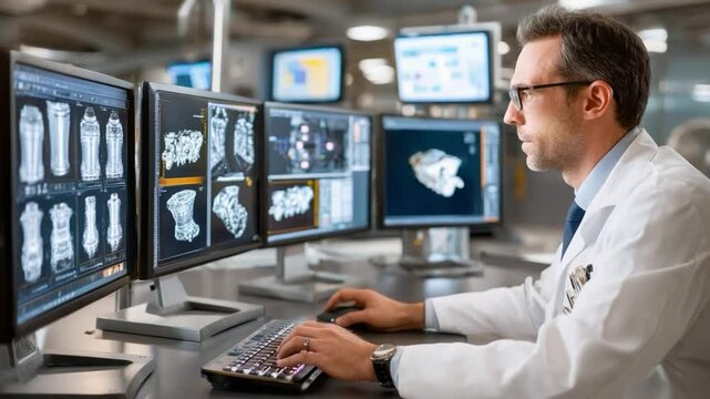 Medical Professional in Analysis: A focused medical professional meticulously analyzes detailed imagery on multiple monitors, demonstrating the analytical precision required in modern healthcare.
