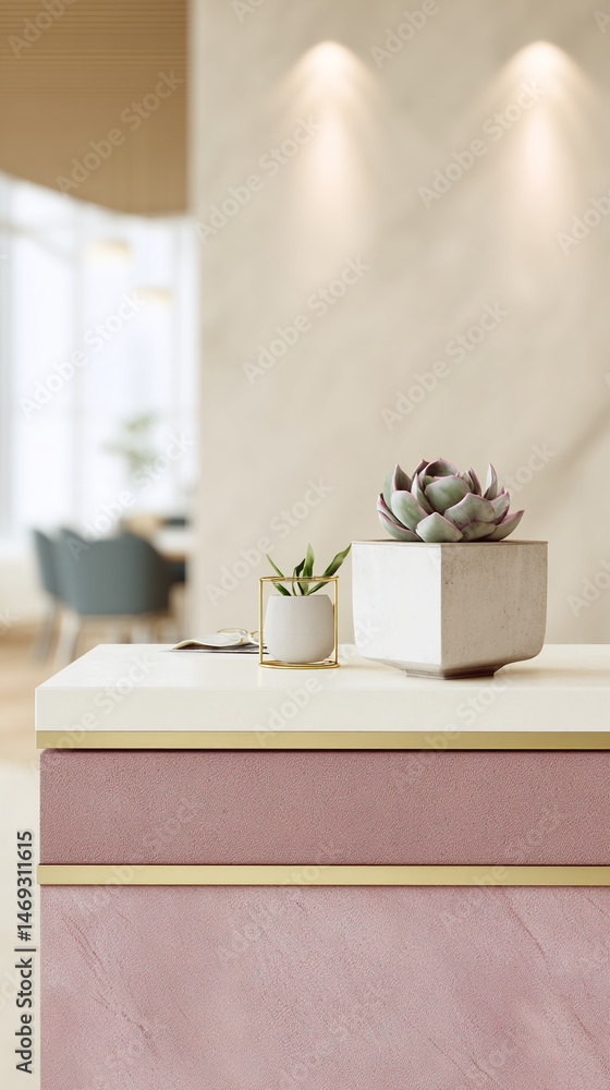 Poster pink textured surface with gold accents showcases succulents in minimalist pots, creating a clean an