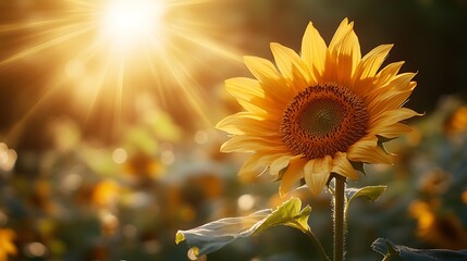 Naklejka premium Sunflower in Sunlit Field with Dewdrops, A vibrant sunflower in a sunlit field, with dewdrops and bokeh effect
