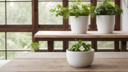 Fototapeta premium Minimal Beauty Product Mockup Scene with Green Plants and Wooden Surface